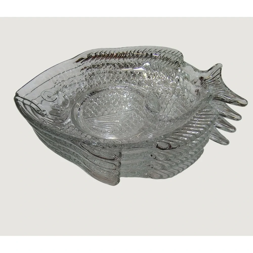 Vintage Clear Glass Fish Shaped Appetizer Plates Set of 4 Embossed Beach House